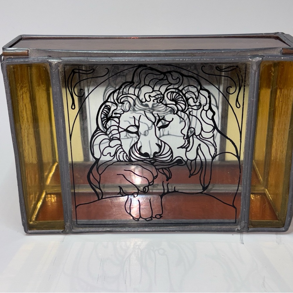 Vintage Lion Stained Amber Glass Jewelry Trinket Box Pewter  Mirrored Bottom